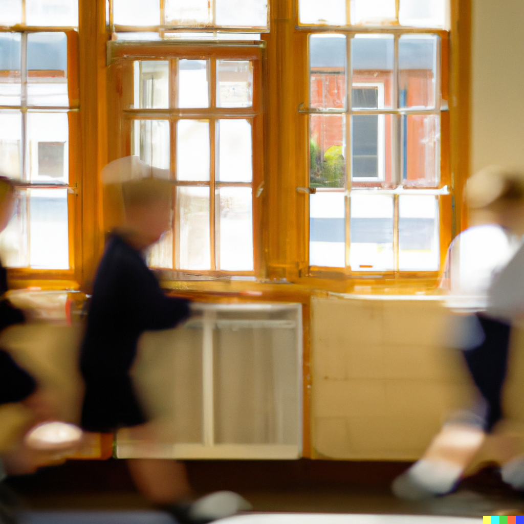 DALL·E 2023-02-22 12.17.33 – image of a school with older windows and some children blurred