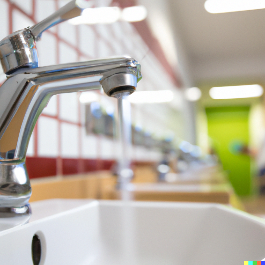 DALL·E 2023-02-11 20.00.36 – hot water pouring from modern tap in a school bathroom blurred in background