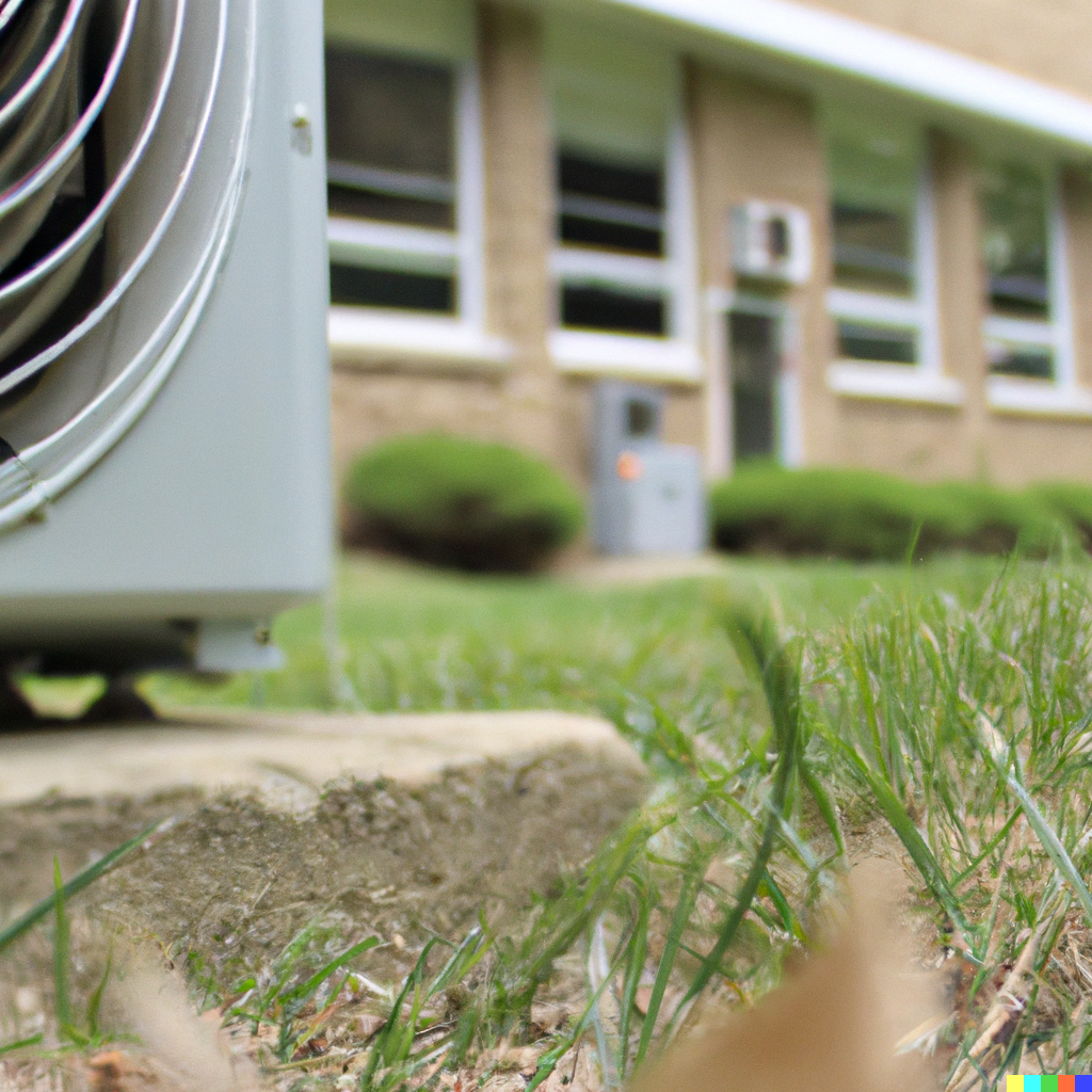 DALL·E 2023-01-25 15.44.53 – closs up photo realistic image of a heat pump located in the grass outside a school building (blurred in the background