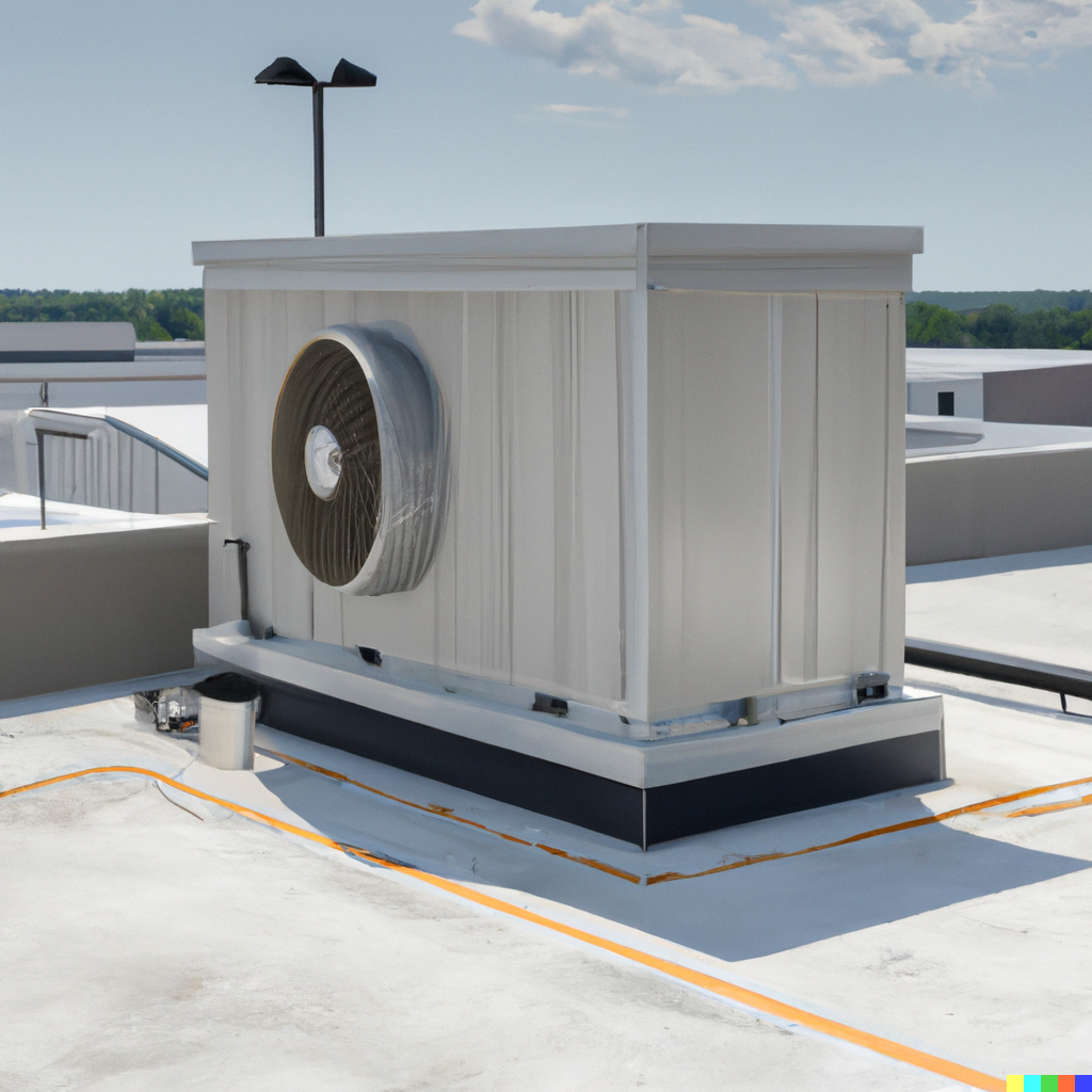 DALL·E 2023-02-11 20.14.15 – commercial evaporative cooling unit on the roof of a modern school building