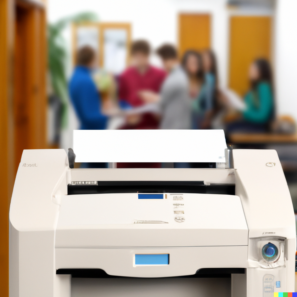 DALL·E 2023-02-21 17.39.24 – image of a modern, networked printer with a blurred school interior with students in the background