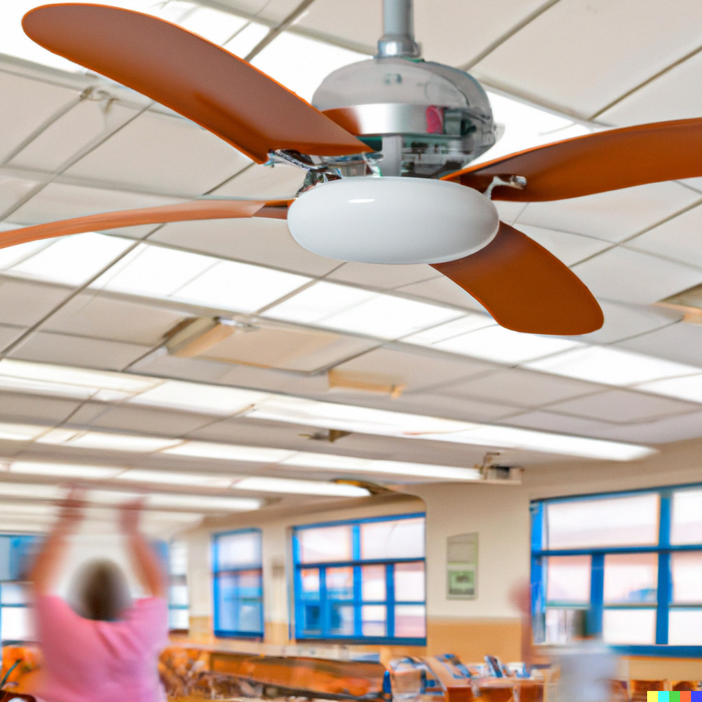DALL·E 2023-02-21 17.54.24 – image of a No. 3 Install high efficiency large modern ceiling fans in classrooms and shared spaces with a blurred school interior with students in t