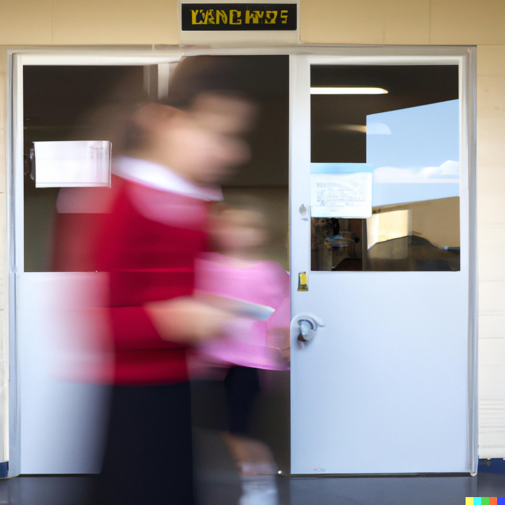 DALL·E 2023-02-22 12.32.49 – image of a school with a self closing door and some children blurred