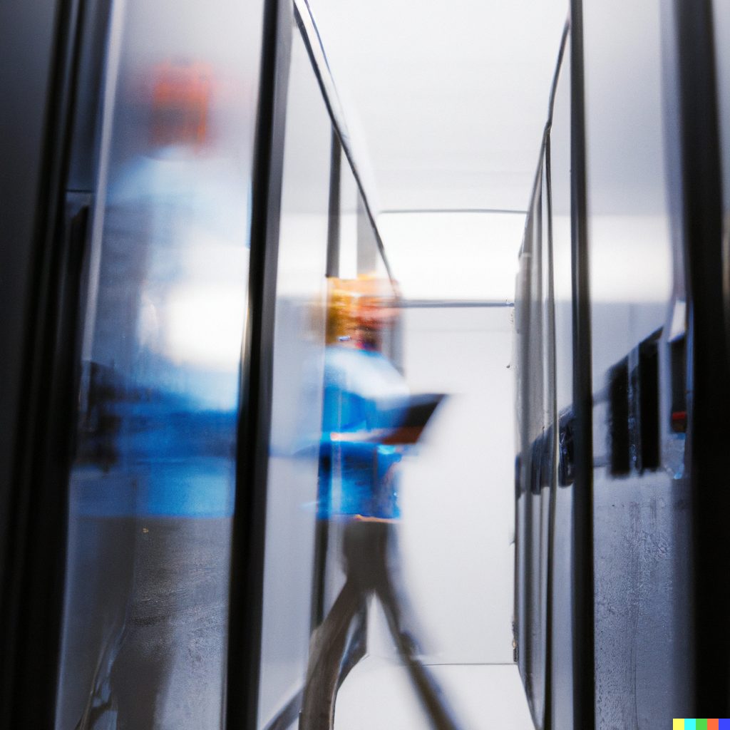 DALL·E 2023-02-22 12.41.53 – image of a modern small server room with a blurred IT specialist