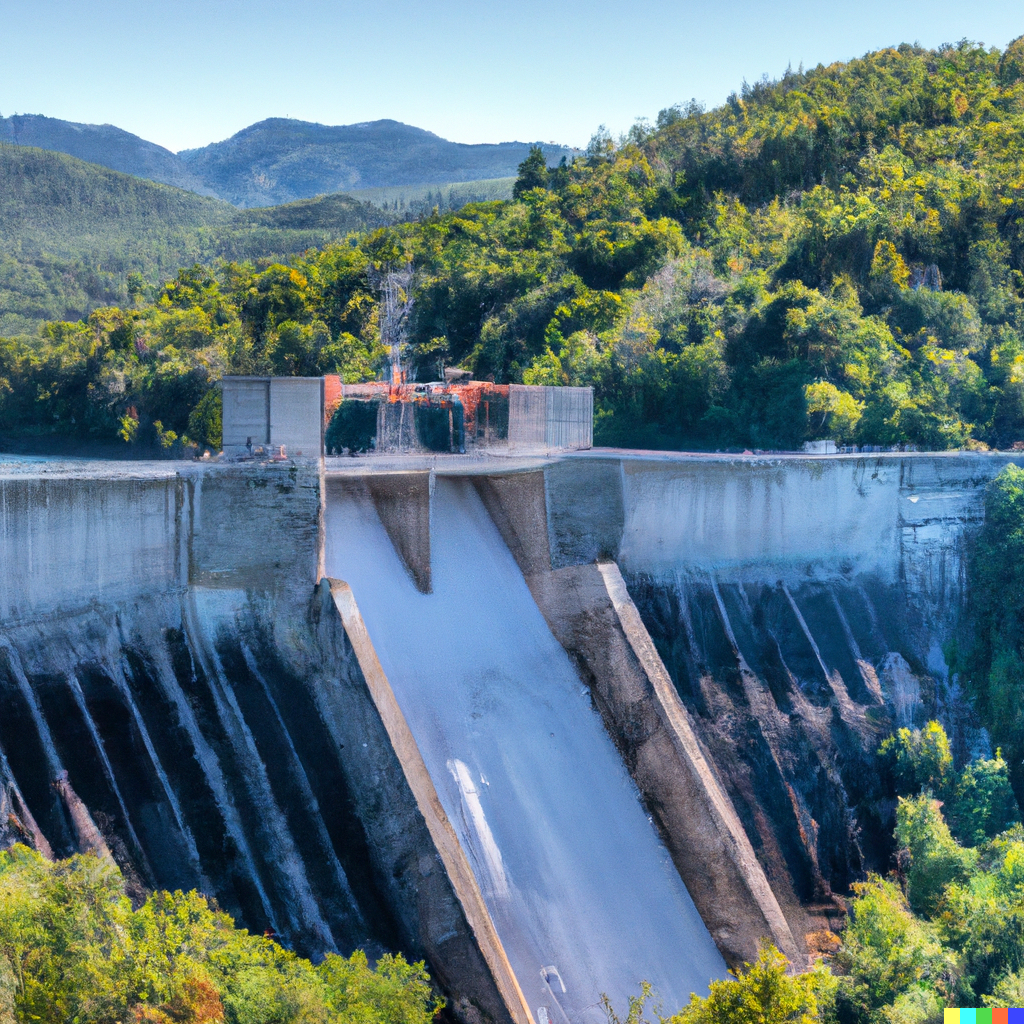 DALL·E 2023-03-12 12.04.56 – a photo realistic image of a hydro electric dam with mountains around