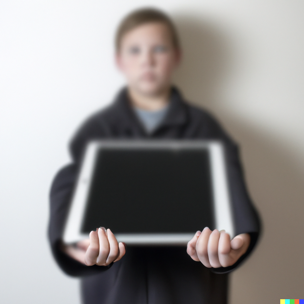 DALL·E 2023-03-12 12.20.10 – a photo realistic image od a blurreed student holding an ipad