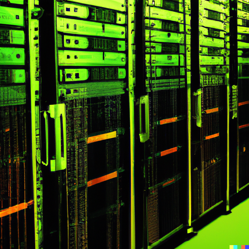 DALL·E 2023-03-12 12.32.39 – a photo realistic image of server farm with green tint