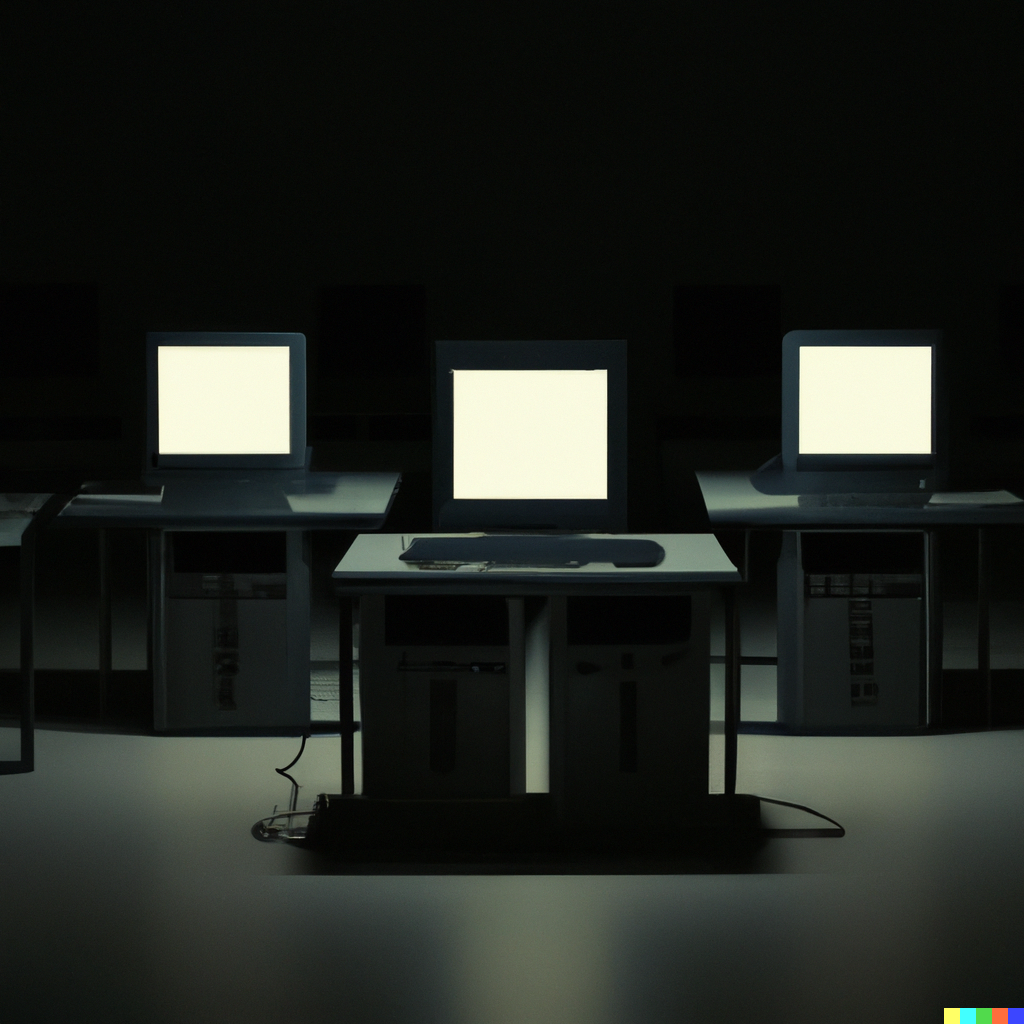 DALL·E 2023-03-12 13.28.47 – a photo realistic image of computers turned off in a darkened room