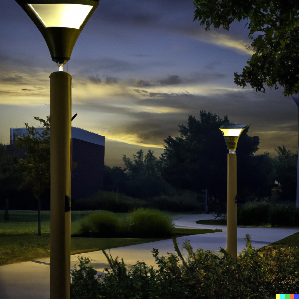 DALL·E 2023-03-12 13.37.37 – a photo realistic image of solar powered pathway lighting on a twilight school campus